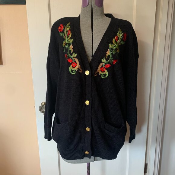 NWT VTG 90s Cardigan Sweater 2x Floral Embroidery ButtonUp POCKETS Dark Academia - Picture 1 of 7